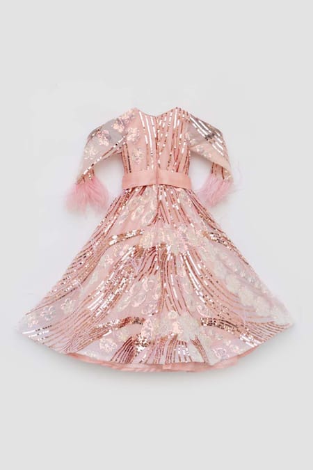 Buy Fayon Kids Peach Net Sequins Embellished Gown Online at Aza Fashions Buy_Fayon Kids_Peach Net Sequins Embellished Gown _Online_at_Aza_Fashions
