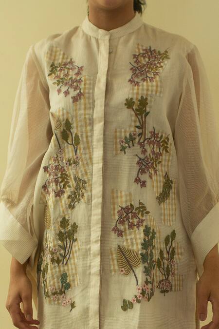 Buy_Oja_Cream Handloom Silk Floral Applique Band Collar Embroidered Shirt And Pant Set _Online_at_Aza_Fashions