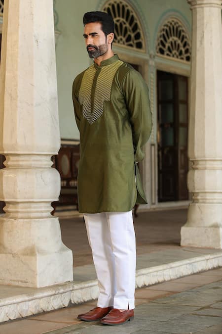 Buy_Raw & Rustic By Niti Bothra_Green Chanderi Silk Embroidery Short Banarasi Kurta _Online_at_Aza_Fashions