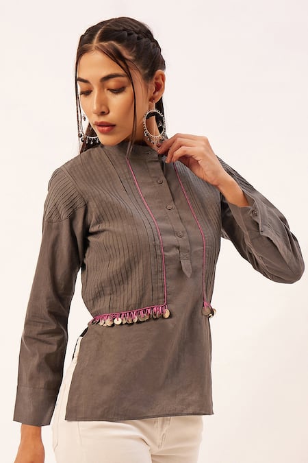 Buy_Zariya The Label_Grey Cotton Piping Mandarin Collar Pintuck Bodice Top _Online_at_Aza_Fashions