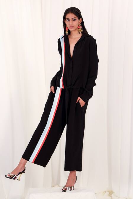 AK-OK Black Silk Collared Striped Print Shirt And Culotte Set Online at Aza Fashions AK-OK_Black Silk Collared Striped Print Shirt And Culotte Set _Online_at_Aza_Fashions
