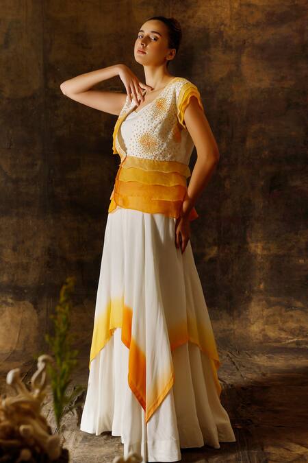 Buy_Eclat By Prerika Jalan_Ivory Organza, Muslin, Silk Embroidery, Pearls Hand Jacket Gharara Pant Set _Online_at_Aza_Fashions