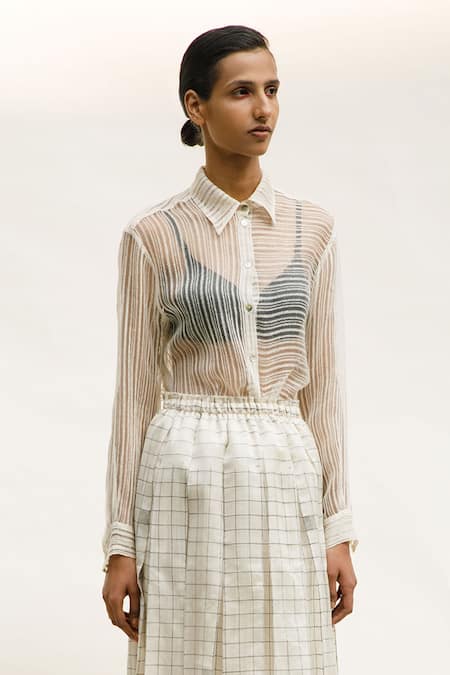 Buy Urvashi Kaur Off White Linen Collared Eclipse Tailored Sheer Shirt Online at Aza Fashions Buy_Urvashi Kaur_Off White Linen Collared Eclipse Tailored Sheer Shirt _Online_at_Aza_Fashions
