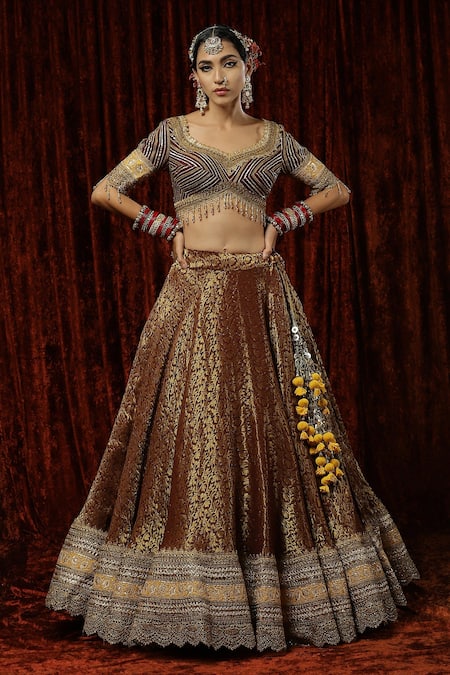 Shikhar Sharma Maroon Lehenga Brocade Embroidered Gota Paan Shaped Floral Pattern Bridal Set Online at Aza Fashions Shikhar Sharma_Maroon Lehenga Brocade Embroidered Gota Paan Shaped Floral Pattern Bridal Set _Online_at_Aza_Fashions