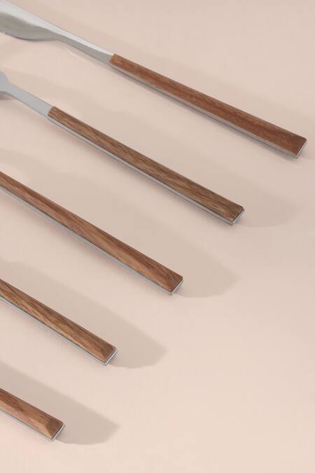 Buy_Table Manners_Silver Stainless Steel Wood And Cutlery Set_Online_at_Aza_Fashions