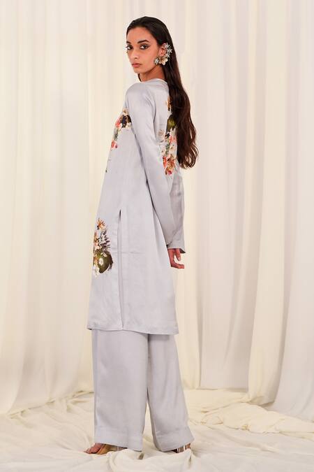 Buy AK-OK Blue Silk Embroidery Round Neck Flower Print Kurta With Trouser Online at Aza Fashions Buy_AK-OK_Blue Silk Embroidery Round Neck Flower Print Kurta With Trouser _Online_at_Aza_Fashions