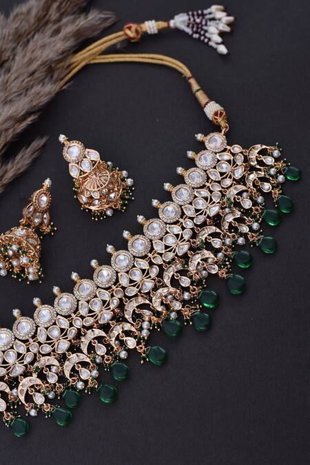 Buy_Swabhimann_Green Diamonds, Stones Polki Embellished Necklace Set _Online_at_Aza_Fashions
