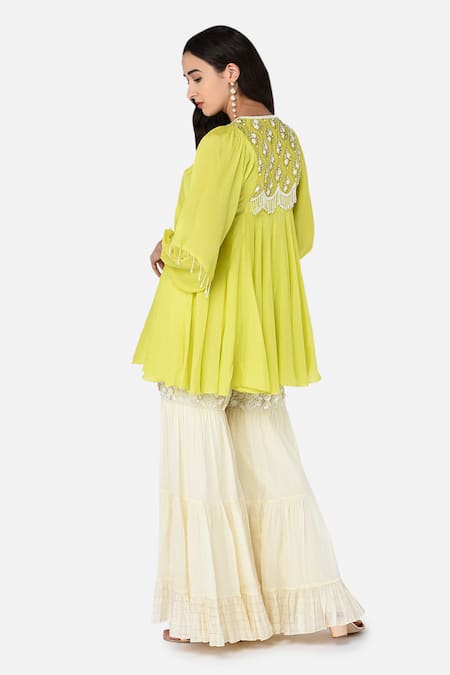 Shop Keith Gomes White Cotton Chiffon Notched Hand Embroidered Tunic And Palazzo Set at Aza Fashions Shop_Keith Gomes_White Cotton Chiffon Notched Hand Embroidered Tunic And Palazzo Set _at_Aza_Fashions