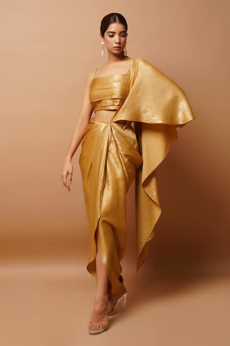 Buy Ahi Clothing Gold Lycra Square Neck Front Pleated Bustier And Skirt Set Online at Aza Fashions Buy_Ahi Clothing_Gold Lycra Square Neck Front Pleated Bustier And Skirt Set _Online_at_Aza_Fashions