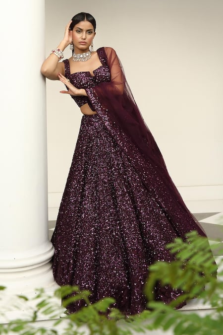 Buy_Miku Kumar_Wine Silk, Net, Organza Sequins All Over Hand Embroidered Bridal Lehenga Set _Online_at_Aza_Fashions
