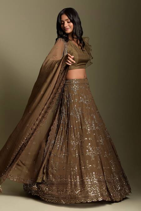 Buy Two Sisters By Gyans Brown Georgette, Blouse Organza Sequin And Resham Thread Embroidered Lehenga Set Online at Aza Fashions Buy_Two Sisters By Gyans_Brown Georgette, Blouse Organza Sequin And Resham Thread Embroidered Lehenga Set_Online_at_Aza_Fashions