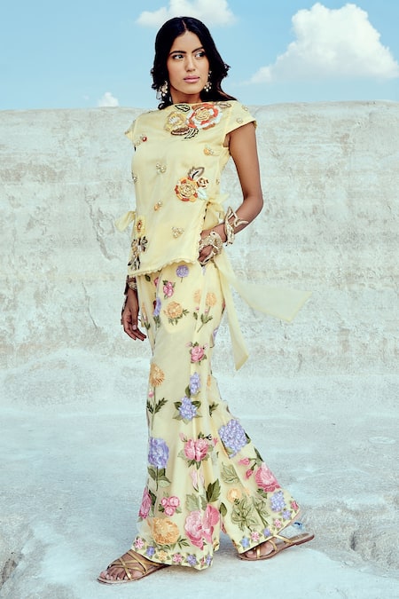 Buy_Nikita Vishakha_Yellow Silk Organza, Net Zari, Embroidery Boat Neck Zardozi Top And Pant Set _Online_at_Aza_Fashions