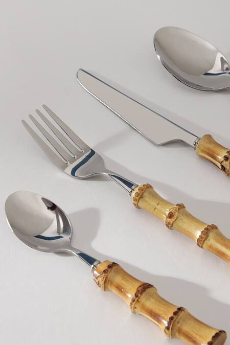 Buy_Table Manners_Silver Stainless Steel/wood Bamboo Cutlery Set_Online_at_Aza_Fashions