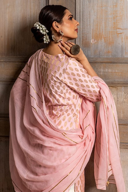 Buy_Monk & Mei By Sonia Anand_Pink Denim, Rayon, Chiffon Embroidery, Kumudini Brocade Kurta Sharara Set _Online_at_Aza_Fashions