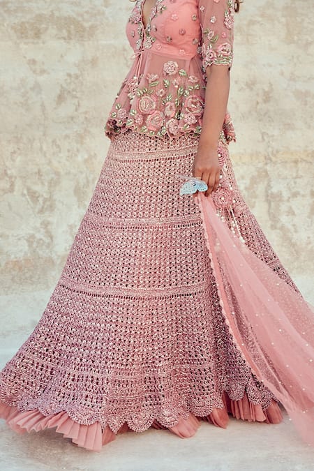 Buy_Nikita Vishakha_Pink Net, Mohair Metallic Thread, Embroidery, Hand Blouse And Mesh Lehenga Set _Online_at_Aza_Fashions