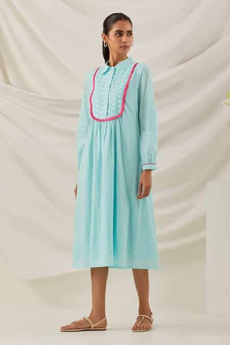 Buy The Indian Cause Blue Cotton Embroidery Shawl Neck Zaid Placed Chikankari Dress Online at Aza Fashions Buy_The Indian Cause_Blue Cotton Embroidery Shawl Neck Zaid Placed Chikankari Dress_Online_at_Aza_Fashions