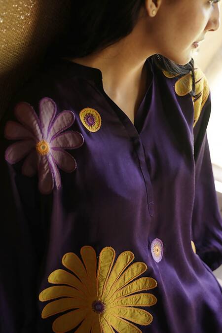 Buy_Raiman_Purple Modal, Satin Embroidery Bandeau Neck Floral Patchwork Kurta And Salwar Set _Online_at_Aza_Fashions