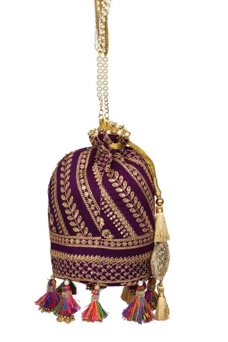 Buy_Miar Designs_Wine Zari Aadhya Hand Embroidered Potli Bag_Online_at_Aza_Fashions