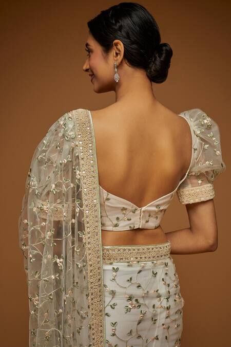 Buy_Neeta Lulla_White Tulle Thread, Sequin And Pearl Leaf Floral Embroidered Saree With Blouse_Online_at_Aza_Fashions