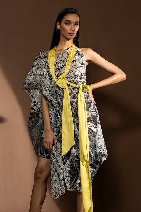 Buy_Abhishek Sharma_White Poly Georgette Geometric Pattern Asymmetric Draped Dress_Online_at_Aza_Fashions