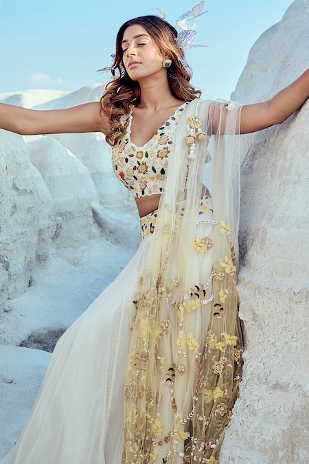 Buy_Nikita Vishakha_White Organza, Net, Jacquard Metallic Thread, Moti Hand Blouse Lehenga Set _Online_at_Aza_Fashions