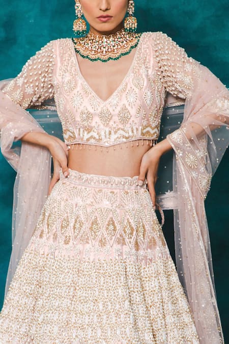 Buy_Mehar_Pink Net Pearls, Stones V-neck And Hand Embroidered Bridal Lehenga Set _Online_at_Aza_Fashions