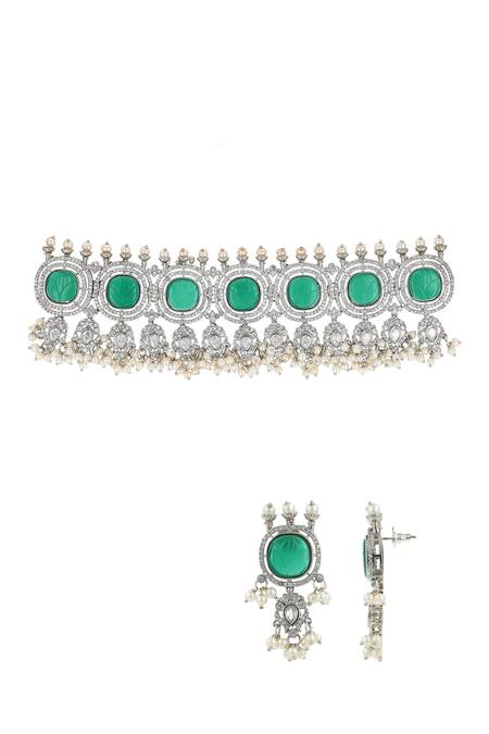 Buy Ishhaara Green Beads Kundan Stone Embellished Choker Set Online at Aza Fashions Buy_Ishhaara_Green Beads Kundan Stone Embellished Choker Set _Online_at_Aza_Fashions