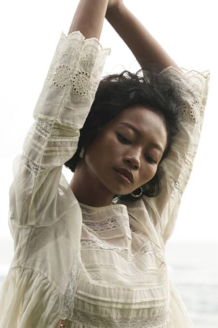 Buy_Baju_Ivory Chanderi Cotton Silk Lace Work Round Della Tunic For Women_Online_at_Aza_Fashions