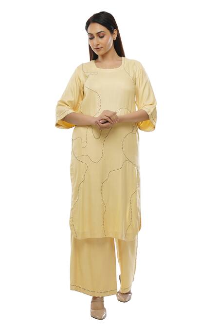 Buy_Khat_Yellow Tencil Twill Embroidery Chawal Taaka Square Abstract Kurta And Palazzo Set _Online_at_Aza_Fashions