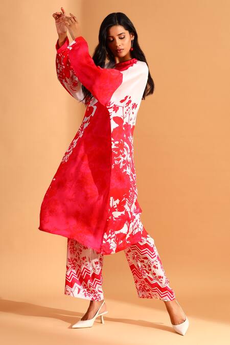 Buy_Moh India_Magenta Cupro Printed Floral Round High Neck Colorblock Tunic And Trouser Set _Online_at_Aza_Fashions