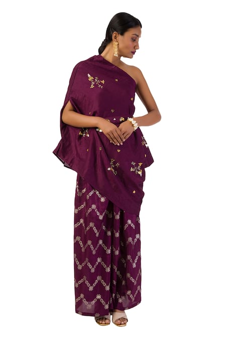 Buy Meghna Shah Wine Silk Beads, Stones One Shoulder Embroidered Top And Pant Set Online at Aza Fashions Buy_Meghna Shah_Wine Silk Beads, Stones One Shoulder Embroidered Top And Pant Set _Online_at_Aza_Fashions