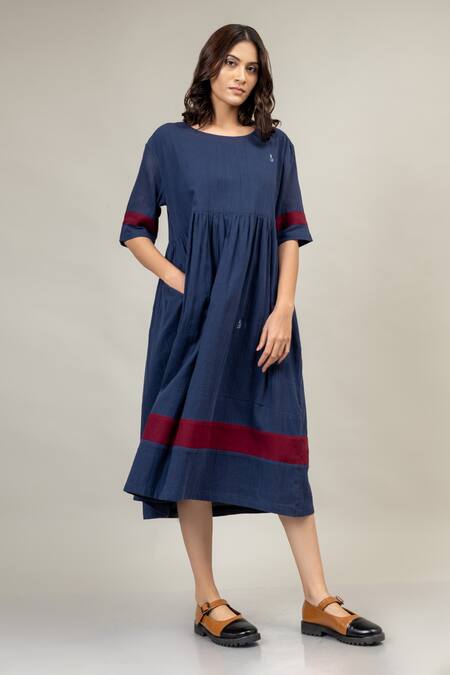 Buy Doodlage Blue Cotton Round Neck Jess Gathered Dress Online at Aza Fashions Buy_Doodlage_Blue Cotton Round Neck Jess Gathered Dress _Online_at_Aza_Fashions