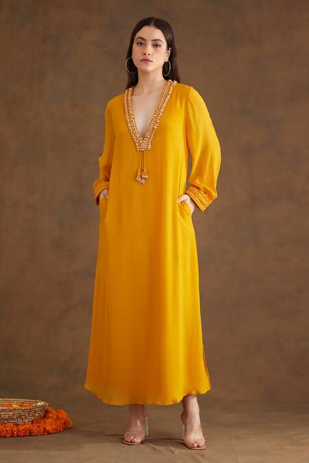 Buy Nikasha Yellow Viscose Beads, Mirrors Plunge Neck Neckline Embroidered Dress Online at Aza Fashions Buy_Nikasha_Yellow Viscose Beads, Mirrors Plunge Neck Neckline Embroidered Dress _Online_at_Aza_Fashions