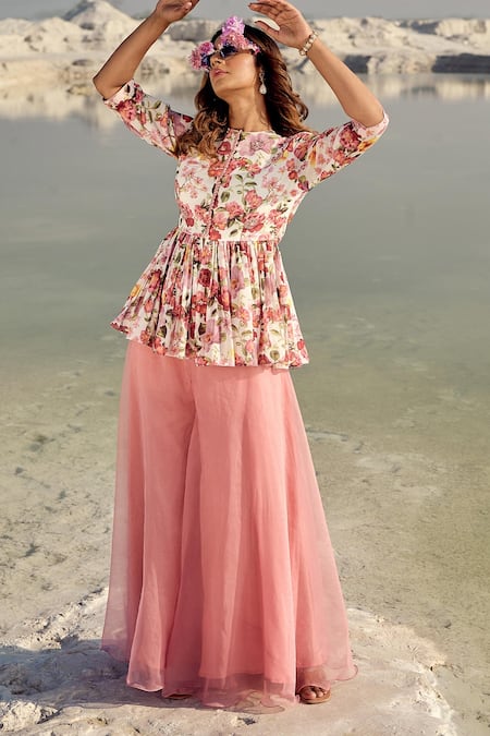 Buy_Nikita Vishakha_Multi Color Georgette, Silk Organza Floral Print Peplum Top And Sharara Set _Online_at_Aza_Fashions