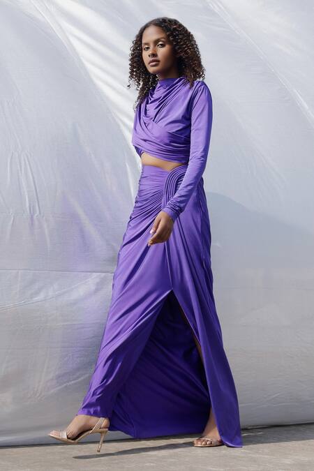 Buy_Zwaan_Purple Jersey High Neck Draped Top_Online_at_Aza_Fashions