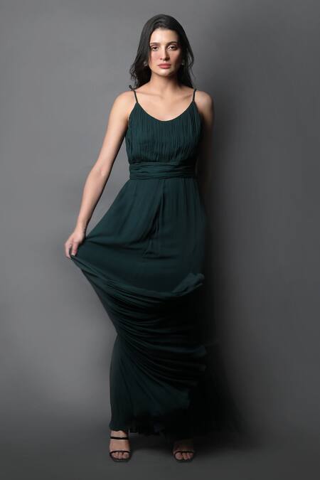 Buy_Swatee Singh_Green Georgette Round Neck Strappy Ruched Gown _Online_at_Aza_Fashions