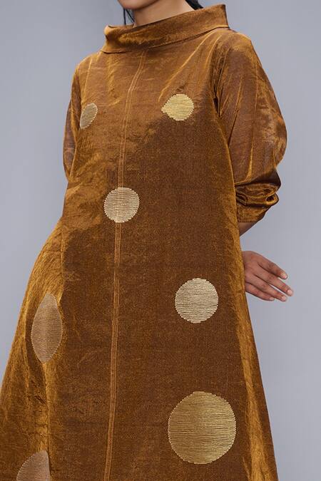 Buy Taika By Poonam Bhagat Brown Chanderi, Tissue Embroidery Collared Polkas Midi Dress Online at Aza Fashions Buy_Taika By Poonam Bhagat_Brown Chanderi, Tissue Embroidery Collared Polkas Midi Dress _Online_at_Aza_Fashions