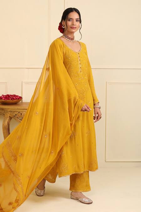 Buy_Esha Koul_Yellow Georgette Embroidered And Embellished Chikankari Notched Kurta Pant Set_Online_at_Aza_Fashions