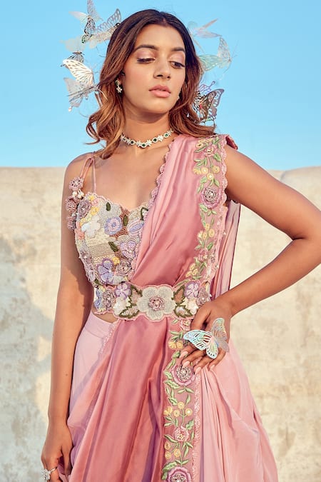 Shop Nikita Vishakha Purple Organza, Crepe, Jacquard Embroidery, Zari, Blouse With Pre-draped Saree Online at Aza Fashions Shop_Nikita Vishakha_Purple Organza, Crepe, Jacquard Embroidery, Zari, Blouse With Pre-draped Saree _Online_at_Aza_Fashions