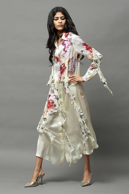 Buy AK-OK Ivory Satin, Silk Tassels, Ruffles Collared Floral Print Shirt Dress Online at Aza Fashions Buy_AK-OK_Ivory Satin, Silk Tassels, Ruffles Collared Floral Print Shirt Dress _Online_at_Aza_Fashions