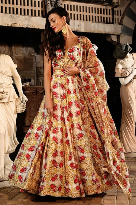 Sanam_Ivory Organza Sequins, Stones Plunge Joelle Pomegranate Garden Print Lehenga Set _Online_at_Aza_Fashions