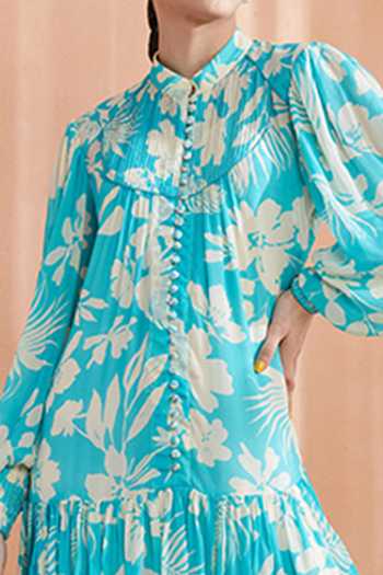 Buy_Label Deepika Nagpal_Blue Chiffon, Crepe Ruffles Mandarin Collar Amore Florette Print Dress_Online_at_Aza_Fashions