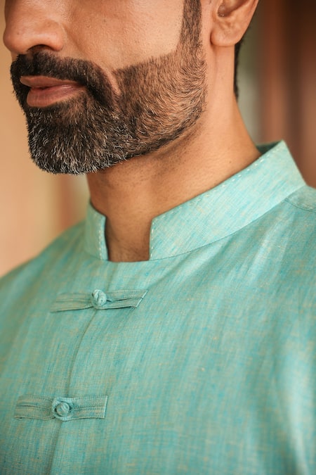 Buy_Raw & Rustic By Niti Bothra_Green Linen Embroidery Solid Handcrafted Straight Shirt _Online_at_Aza_Fashions