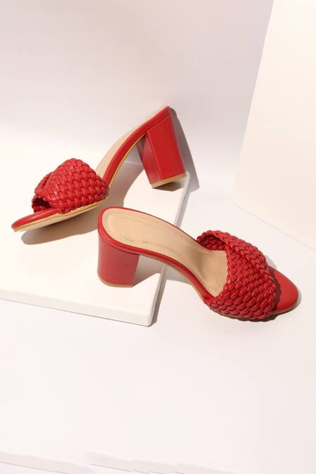Buy_Myra_Red Round Toe Braided Block Heels_Online_at_Aza_Fashions