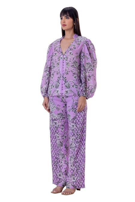 Buy_Gaya_Purple Linen Printed Floral Mandarin Collar Top And Pant _Online_at_Aza_Fashions