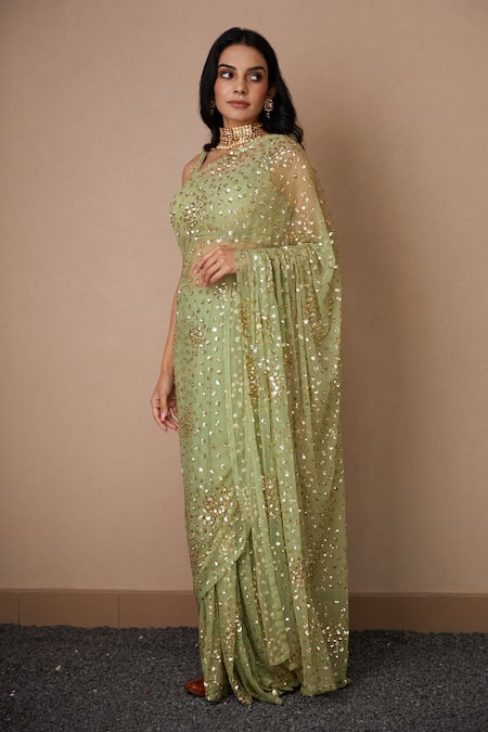 Buy_Astha Narang_Green Net, Crepe Sequins, Embroidery, Cut Work Scoop Neck Saree With Blouse _Online_at_Aza_Fashions