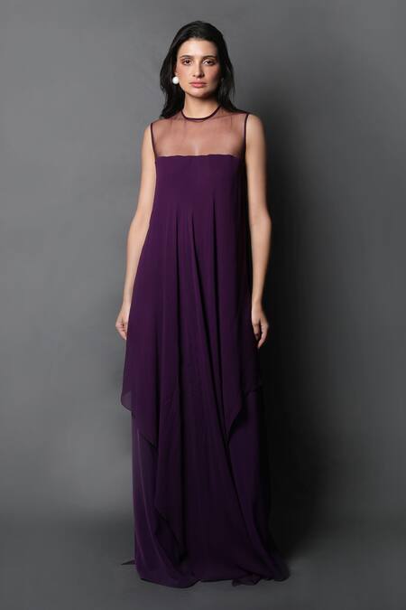 Buy_Swatee Singh_Purple Georgette, Hemp Round Neck Sheer Handkerchief Draped Jumpsuit _Online_at_Aza_Fashions