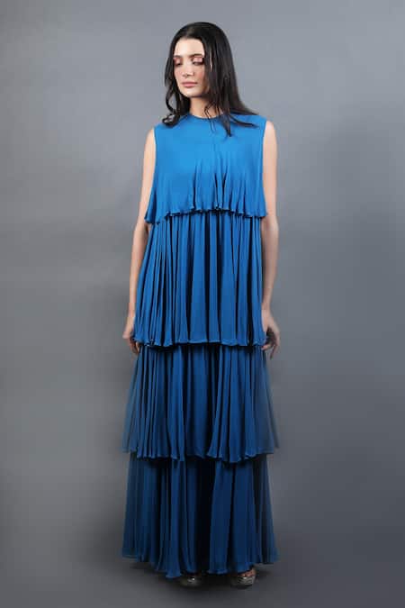 Buy_Swatee Singh_Blue Georgette High Neck Pleated And Tiered Maxi Dress _Online_at_Aza_Fashions