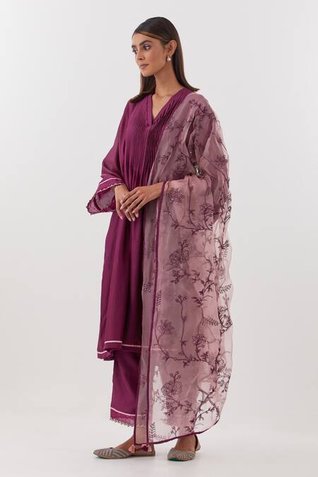 Amisha Kothari Wine Chanderi , Organza Embroidery Baghban Pintuck Bodice Kurta Set Online at Aza Fashions Amisha Kothari_Wine Chanderi , Organza Embroidery Baghban Pintuck Bodice Kurta Set _Online_at_Aza_Fashions