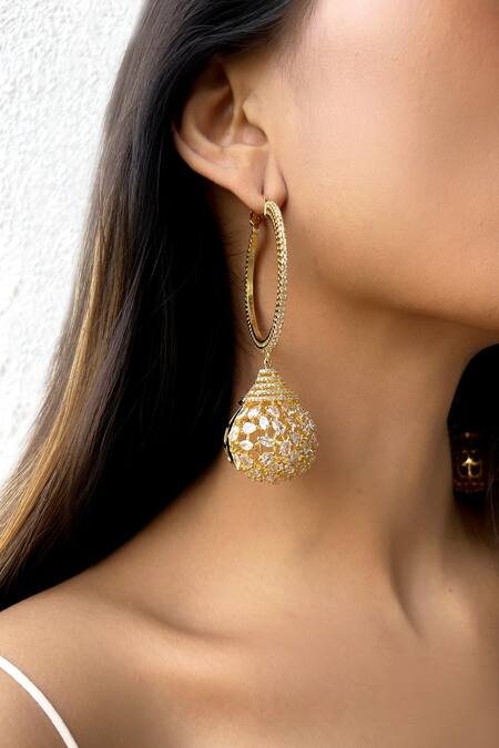 Buy_The Jewel Factor_Gold Plated Crystal Pear Shaped Earrings_Online_at_Aza_Fashions